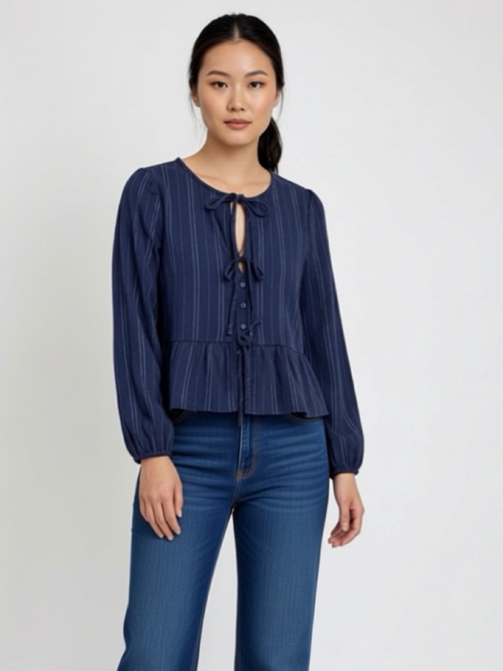Navy Striped Tie-Neck Peplum Blouse